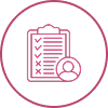 Icon of a checklist clipboard with a user profile inside a pink circle.
