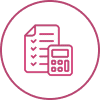 Icon of a checklist and calculator in a maroon circle.