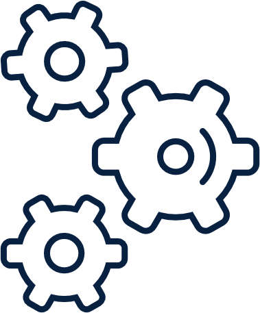 Three dark blue gear outlines on black