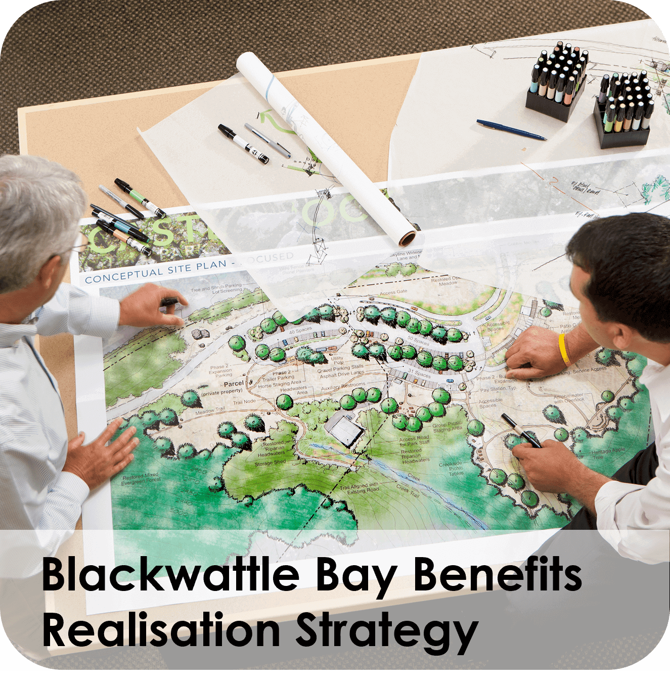 Two people discuss a detailed environmental model for Blackwattle Bay benefits realization.