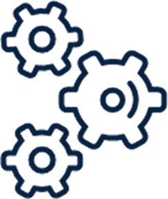 Three dark blue gears interconnected on a navy background.
