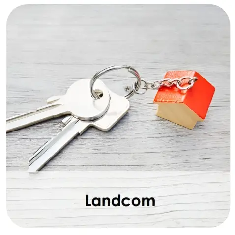 Keys with small house keychain on wood