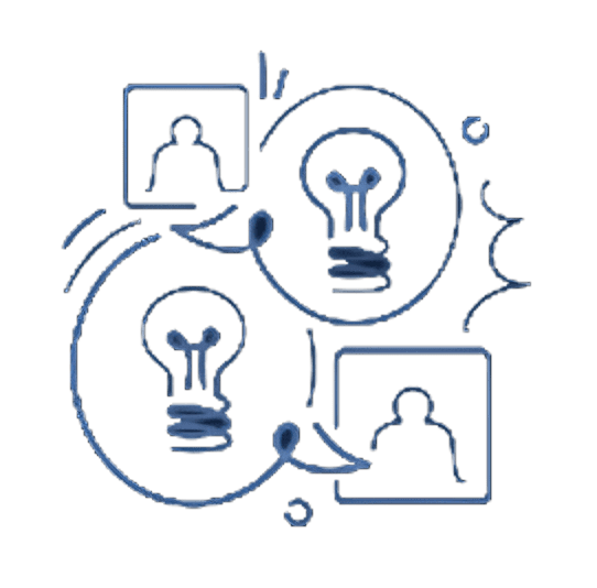 Two users exchanging ideas, lightbulb icons